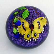 Yellow Butterfly on Purple Paperweight by Mayauel Ward (Art Glass Paperweight)