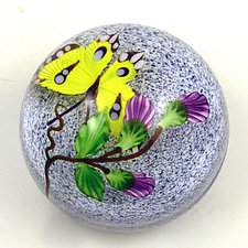 Yellow Butterfly on Gray Speckled Ground by Mayauel Ward (Art Glass Paperweight)