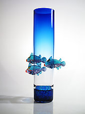 Blue Vase with Parrot Fish by David Leppla (Art Glass Sculpture)
