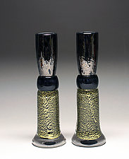 Black and Gold Candlestick Set by Scott Summerfield (Art Glass Candleholder)