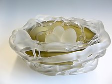Olive Frosted Nest with Eggs by Rebecca Zhukov (Art Glass Sculpture)