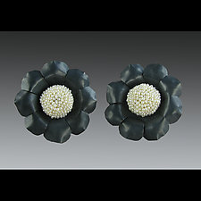 Seed Pearl Camellia Button Earrings by Julie Long Gallegos (Beaded Earrings)