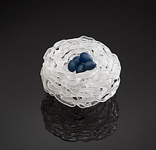 Woven Glass Birds Nest in White Satin by Demetra Theofanous (Art Glass Sculpture)