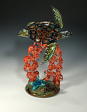 Amber Barnacle Turtle on Red Coral with Starfish by John Gibbons (Art Glass Sculpture)