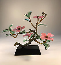 Pink Dogwood Branch Four Blossoms by Hung Nguyen (Art Glass Sculpture)