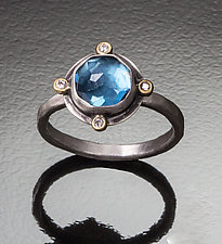 Round London Blue Topaz Ring with Four Diamond Dots by Ananda Khalsa (Silver & Stone Ring)