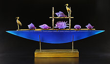 Blue Ibis Boat by Georgia Pozycinski and Joseph Pozycinski (Art Glass & Bronze Sculpture)