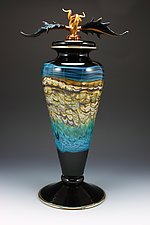 Black Opal Footed Vessel with Avian Finial by Danielle Blade and Stephen Gartner (Art Glass Vessel)