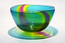 Transparent Ribbon Bowl in Lagoon Lime & Cranberry by Michael Trimpol and Monique LaJeunesse (Art Glass Bowl)