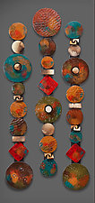 Circle Sticks with Red Square by Rhonda Cearlock (Ceramic Wall Sculpture)