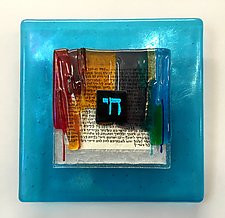 Chai Blessing Plaque in Turquoise and Rainbow by Alicia Kelemen (Art Glass Wall Sculpture)