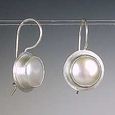 Pearl Drops with Rim in Brushed Silver by Julie Long Gallegos (Silver & Pearl Earrings)