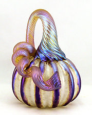 Miniature White Pumpkin with Gold Stripes by Ken Hanson and Ingrid Hanson (Art Glass Sculpture)