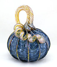 Light Blue Pumpkin with Gold Stripes by Ken Hanson and Ingrid Hanson (Art Glass Sculpture)