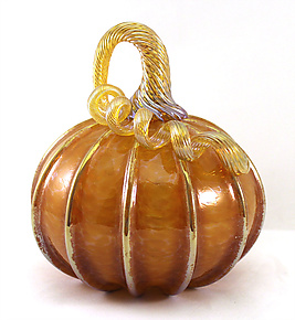 Small Topaz Pumpkin with Gold Stripes by Ken Hanson and Ingrid Hanson (Art Glass Sculpture)