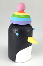 Penguin with Rainbow Hat by Hilary Pfeifer (Wood Sculpture)