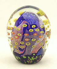 Small Cobalt Floral Paperweight by Ken Hanson and Ingrid Hanson (Art Glass Paperweight)