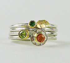 Four-Ring Stack with Sapphire, Garnet & Sphene by Julie Long Gallegos (Gold, Silver & Stone Ring)