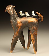 Dog at Play with 3 Birds by Cathy Broski (Ceramic Sculpture)
