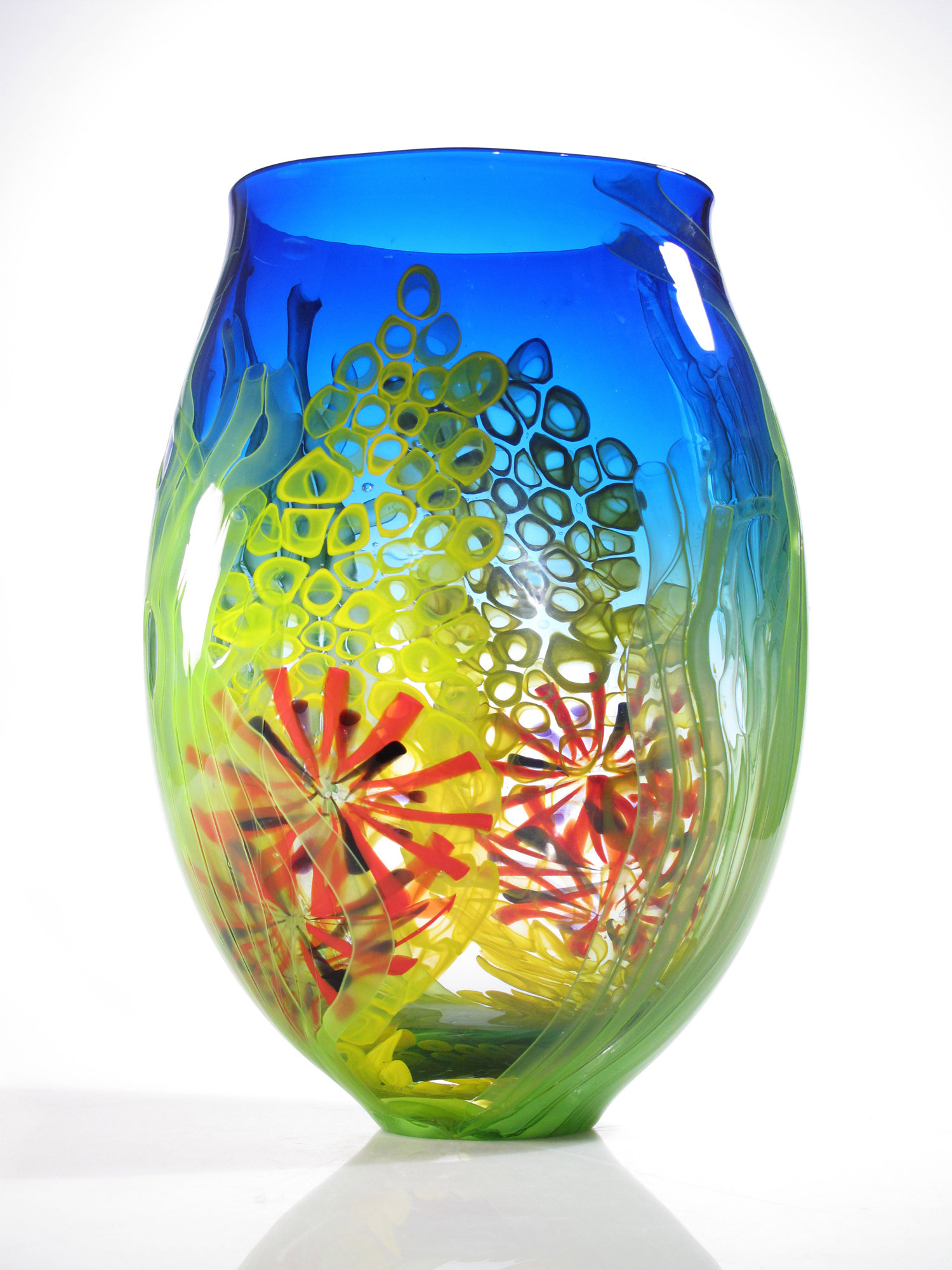 Blue Benjara 13 Inches Blown Glass Vase with Ocean Art 