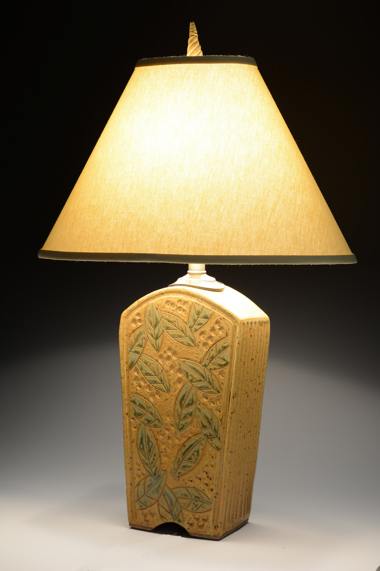 Tall Keystone Lamp with Leaves in Amber by Jim and Shirl Parmentier
