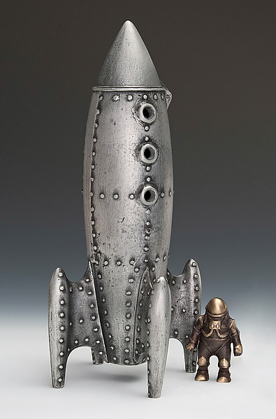 Moon Rocket Coin Bank with Spaceman by Scott Nelles (Metal Bank) | Artful Home